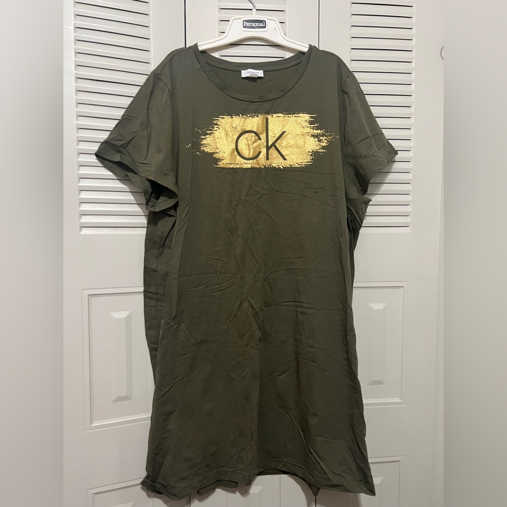Calvin Klein Olive Green Tee Dress with Gold CK Brush Logo